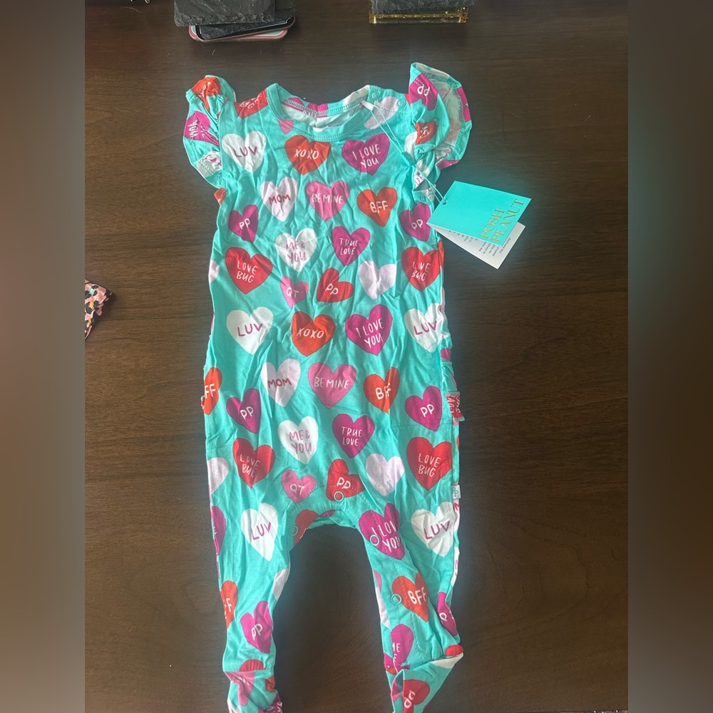 Posh Peanut Turquoise Heart Print One-Piece with Pink, Red, White Hearts